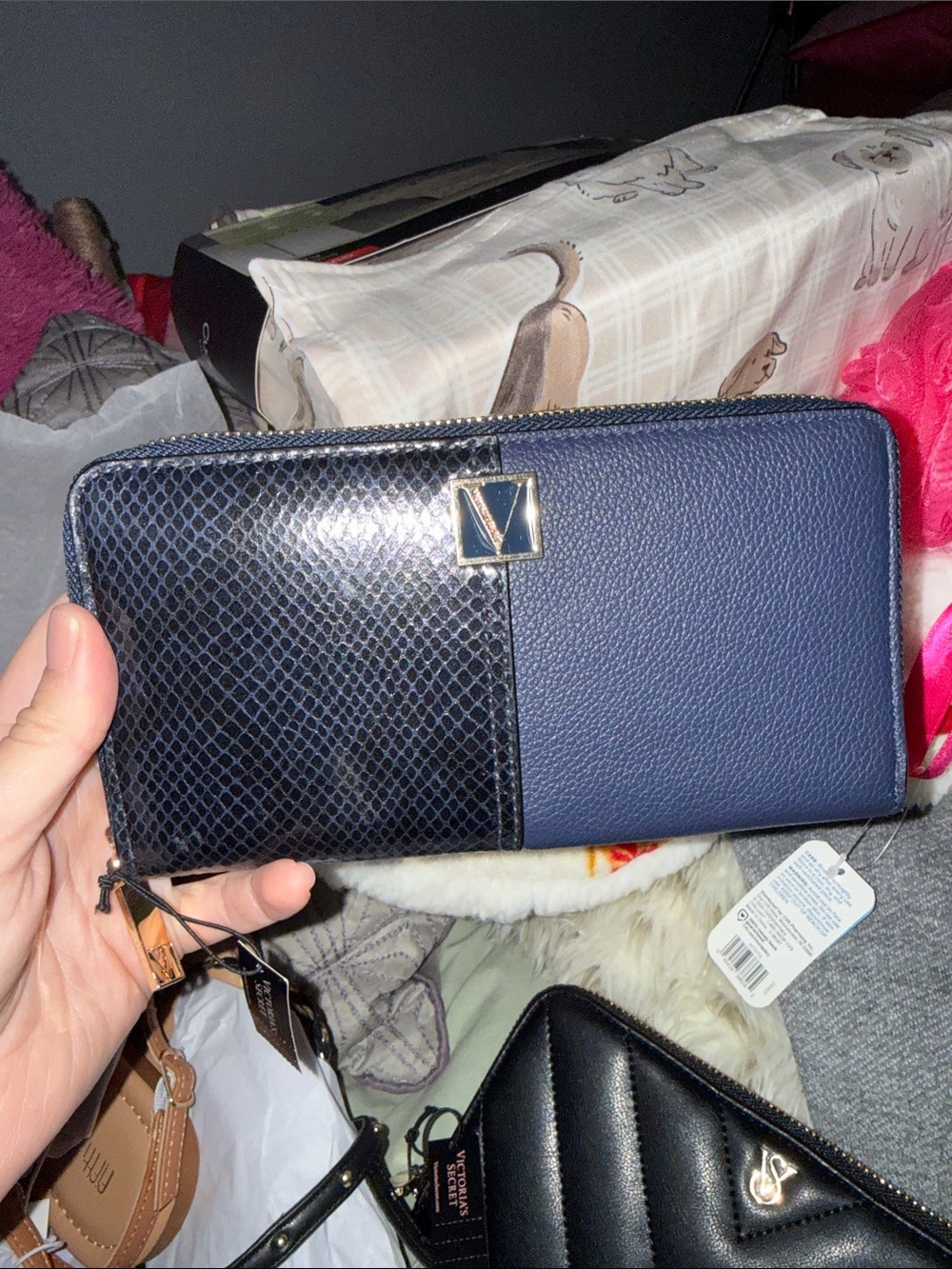 Navy Zip-Around Wallet with Gold Accent